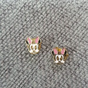 Παιδικά σκουλαρίκια minnie mouse πάνω στο αυτί. Ασήμι επιχρυσωμένο 925 με ροζ, λευκό και μαύρο σμάλτο.