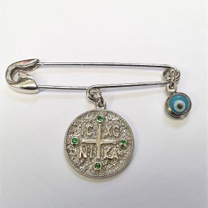 Παραμάνα με φλουρί Κωνσταντινάτο με πράσινα ζιργκόν και ματάκι, ασήμι 925.