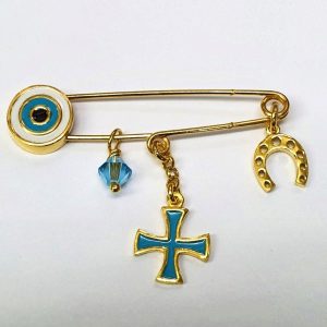 Παραμάνα ματάκι με σμάλτο, σταυρό, πέταλο και ζιργκόν πέτρα. Ασήμι επιχρυσωμένο 925 για αγόρι.
