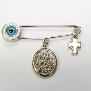 Παραμάνα μάτι σμάλτο με Παναγίτσα και σταυρουδάκι, σε λευκό μέταλλο ασήμι 925.
